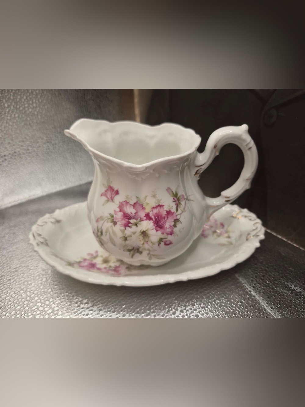Weimar Germany Antique Porcelain Victorian Creamer Pitcher on Tray w Pink Roses
